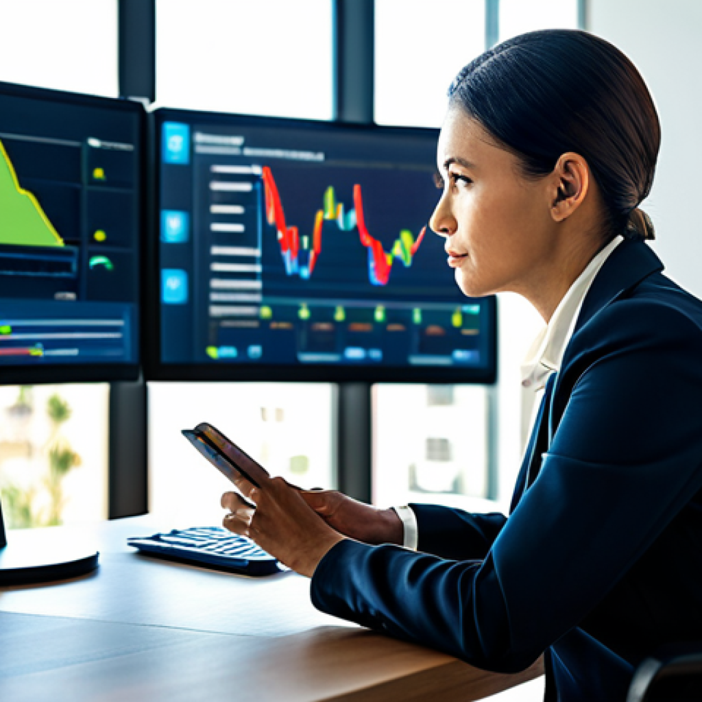 A focused professional risk management technical expert, male or female, sitting at a modern desk in a sleek, sunlit corporate office. The expert is looking intently at a large screen displaying a sophisticated dashboard with financial metrics alongside environmental (e.g., carbon footprint graphs) and social (e.g., supply chain ethics data) ESG indicators. The person is wearing a tailored, modest business suit, fully clothed, appropriate attire, professional dress. The background features blurred modern office architecture with subtle hints of sustainable design. safe for work, appropriate content, professional, perfect anatomy, correct proportions, natural pose, well-formed hands, proper finger count, natural body proportions, high-quality professional photography.