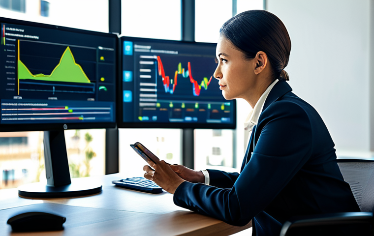 A focused professional risk management technical expert, male or female, sitting at a modern desk in a sleek, sunlit corporate office. The expert is looking intently at a large screen displaying a sophisticated dashboard with financial metrics alongside environmental (e.g., carbon footprint graphs) and social (e.g., supply chain ethics data) ESG indicators. The person is wearing a tailored, modest business suit, fully clothed, appropriate attire, professional dress. The background features blurred modern office architecture with subtle hints of sustainable design. safe for work, appropriate content, professional, perfect anatomy, correct proportions, natural pose, well-formed hands, proper finger count, natural body proportions, high-quality professional photography.