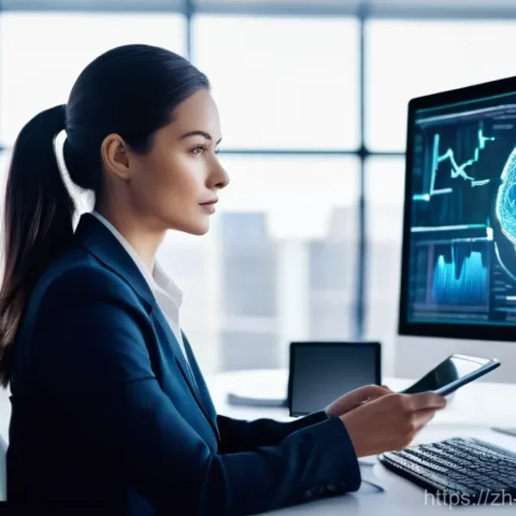 위험관리기술자 블로그 운영 팁 - **Prompt:** A focused female risk management professional, in her late 30s, is seated at a sleek, mo...