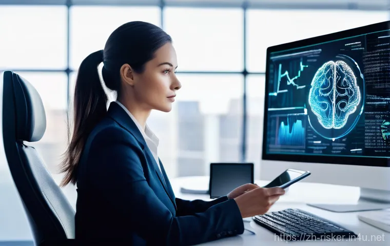 위험관리기술자 블로그 운영 팁 - **Prompt:** A focused female risk management professional, in her late 30s, is seated at a sleek, mo...