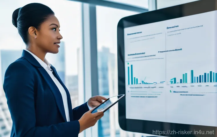 위험관리기술자 블로그 운영 팁 - **Prompt:** A focused female risk management professional, in her late 30s, is seated at a sleek, mo...